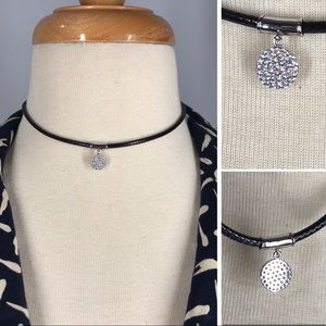 ATHENA DESIGNS Sterling Silver Crystal Charm on Braided Black Leather Choker